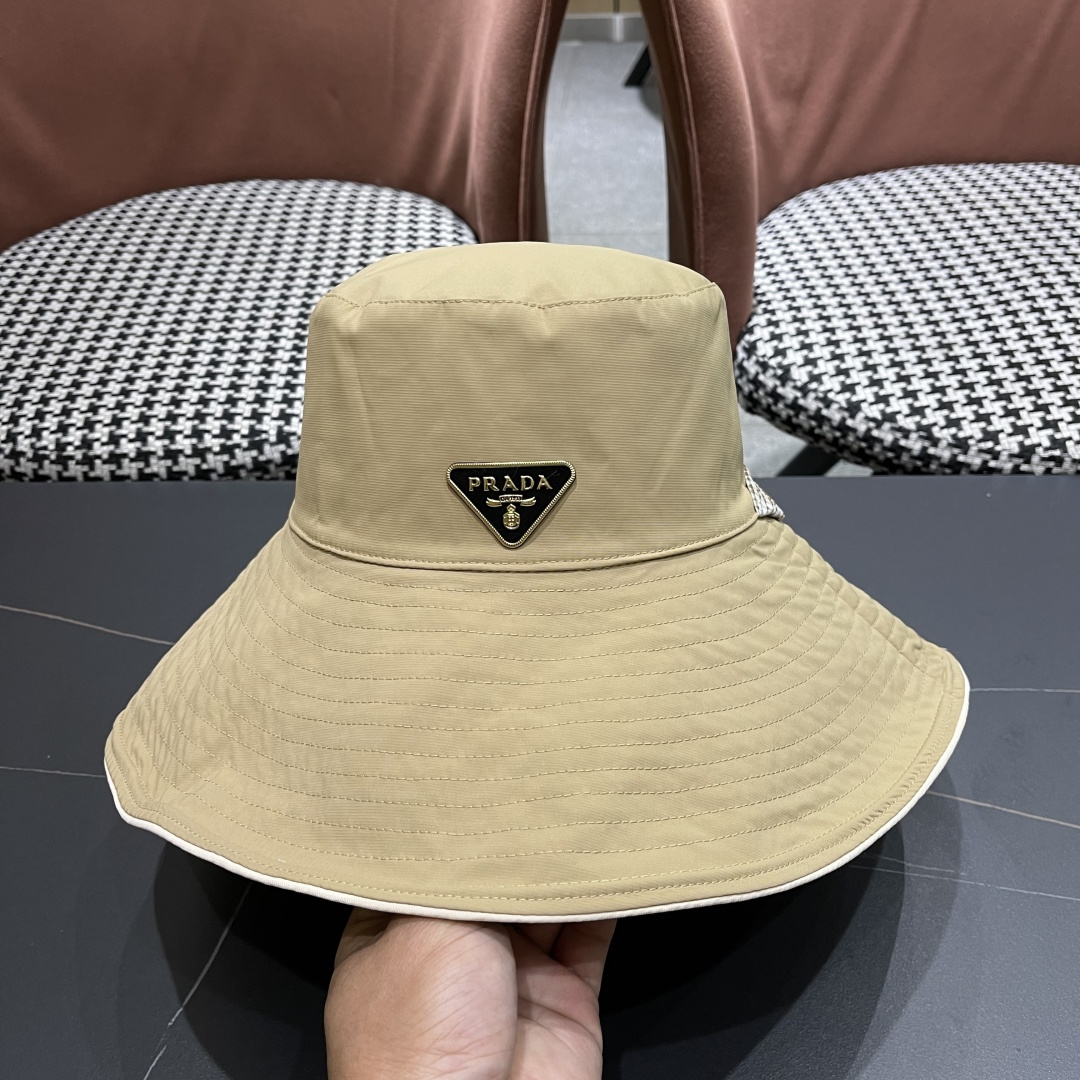 PRADA普拉达韩版系带遮阳帽子女户外夏季双面可戴大帽檐太阳帽防晒遮脸渔夫帽