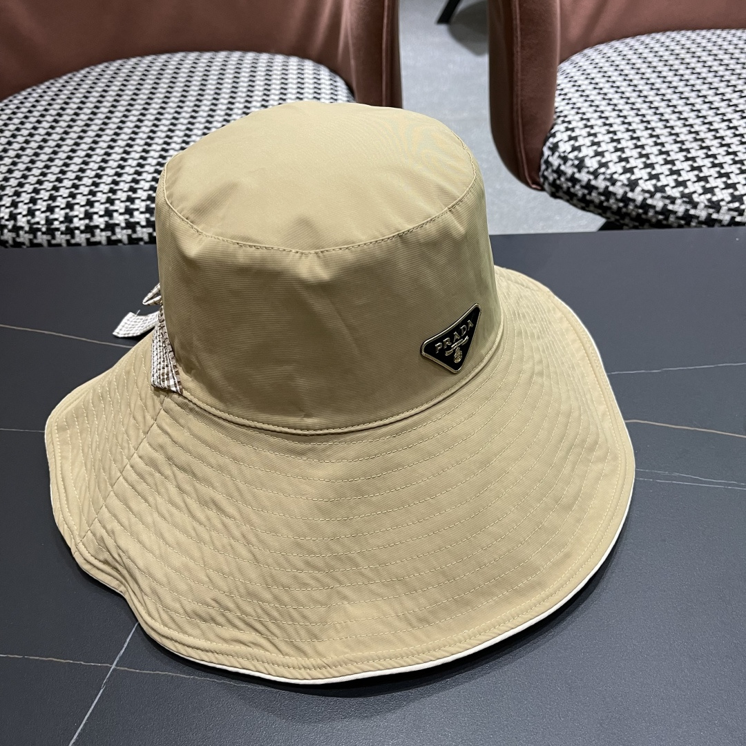 PRADA普拉达韩版系带遮阳帽子女户外夏季双面可戴大帽檐太阳帽防晒遮脸渔夫帽