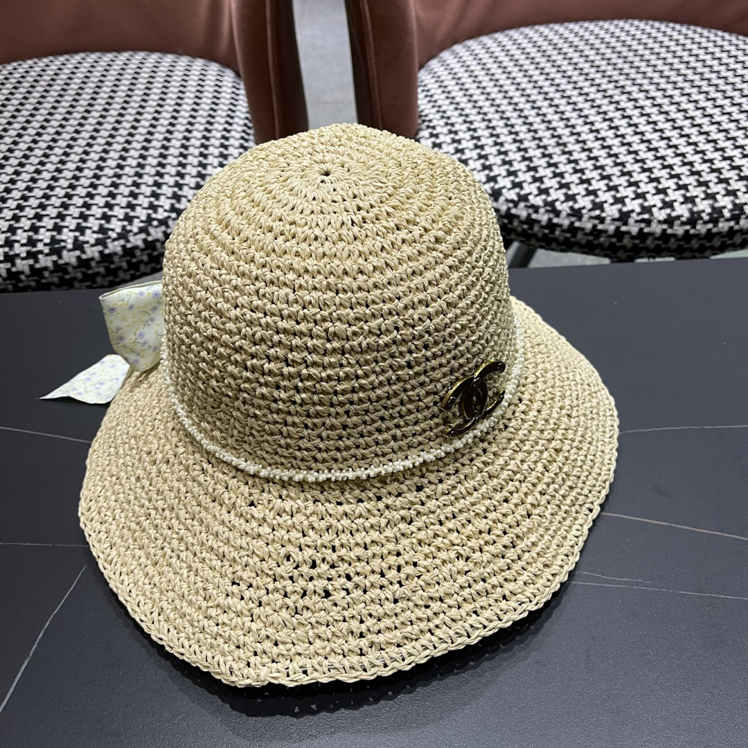  Chanel香奈儿草帽日系甜美珍珠蝴蝶结草帽女夏季
海边度假出游遞阳防晒太阳帽子
