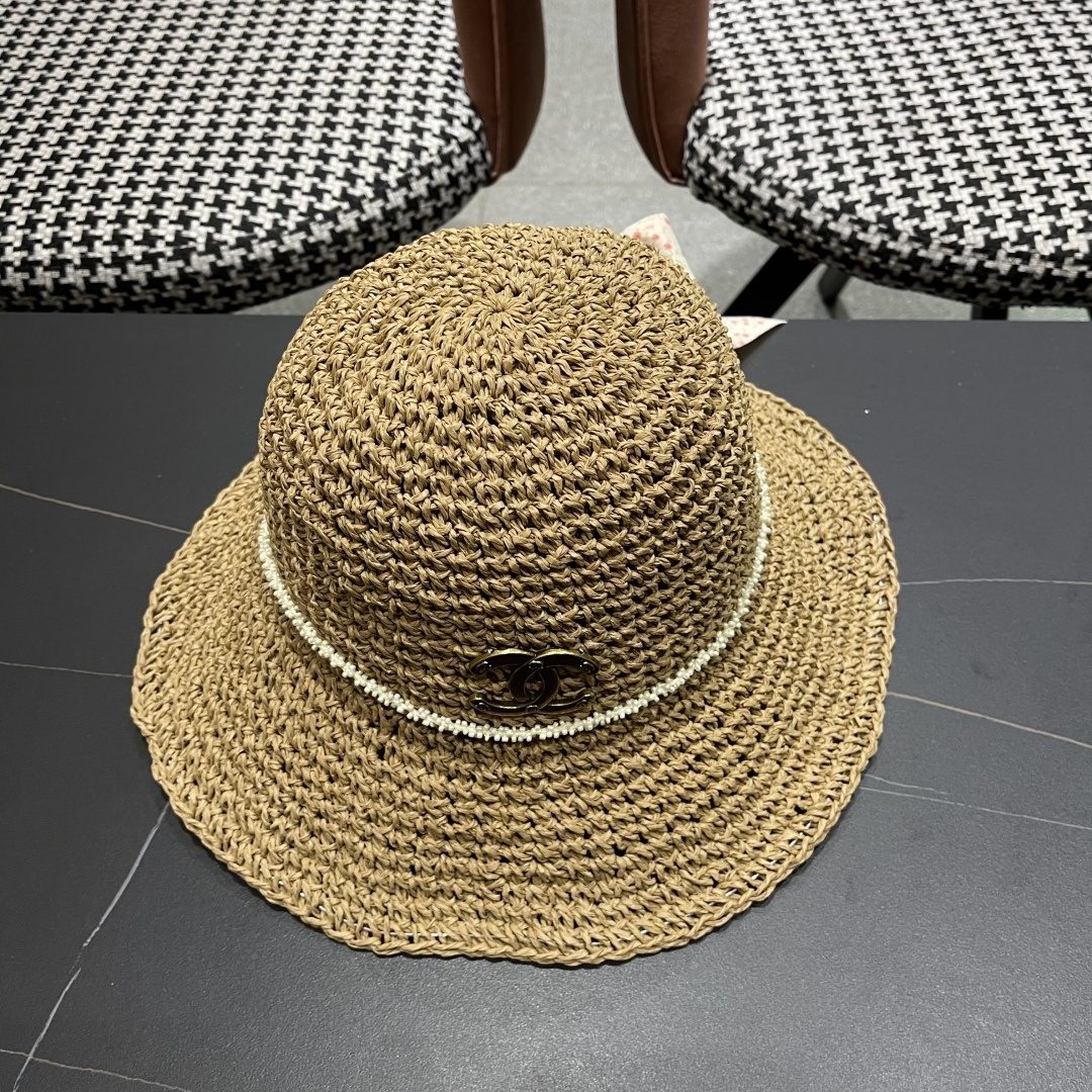  Chanel香奈儿草帽日系甜美珍珠蝴蝶结草帽女夏季
海边度假出游遞阳防晒太阳帽子
