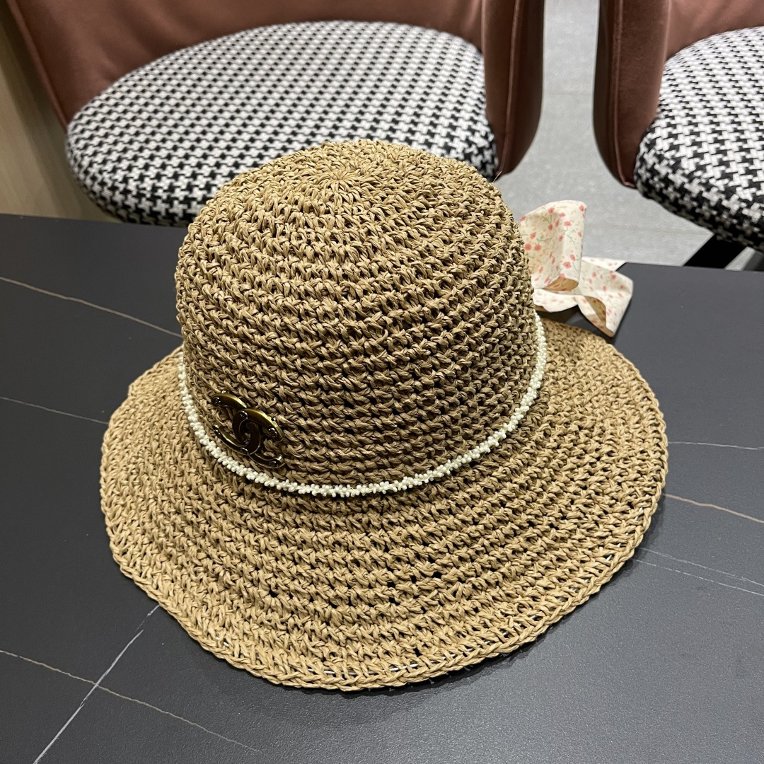  Chanel香奈儿草帽日系甜美珍珠蝴蝶结草帽女夏季
海边度假出游遞阳防晒太阳帽子
