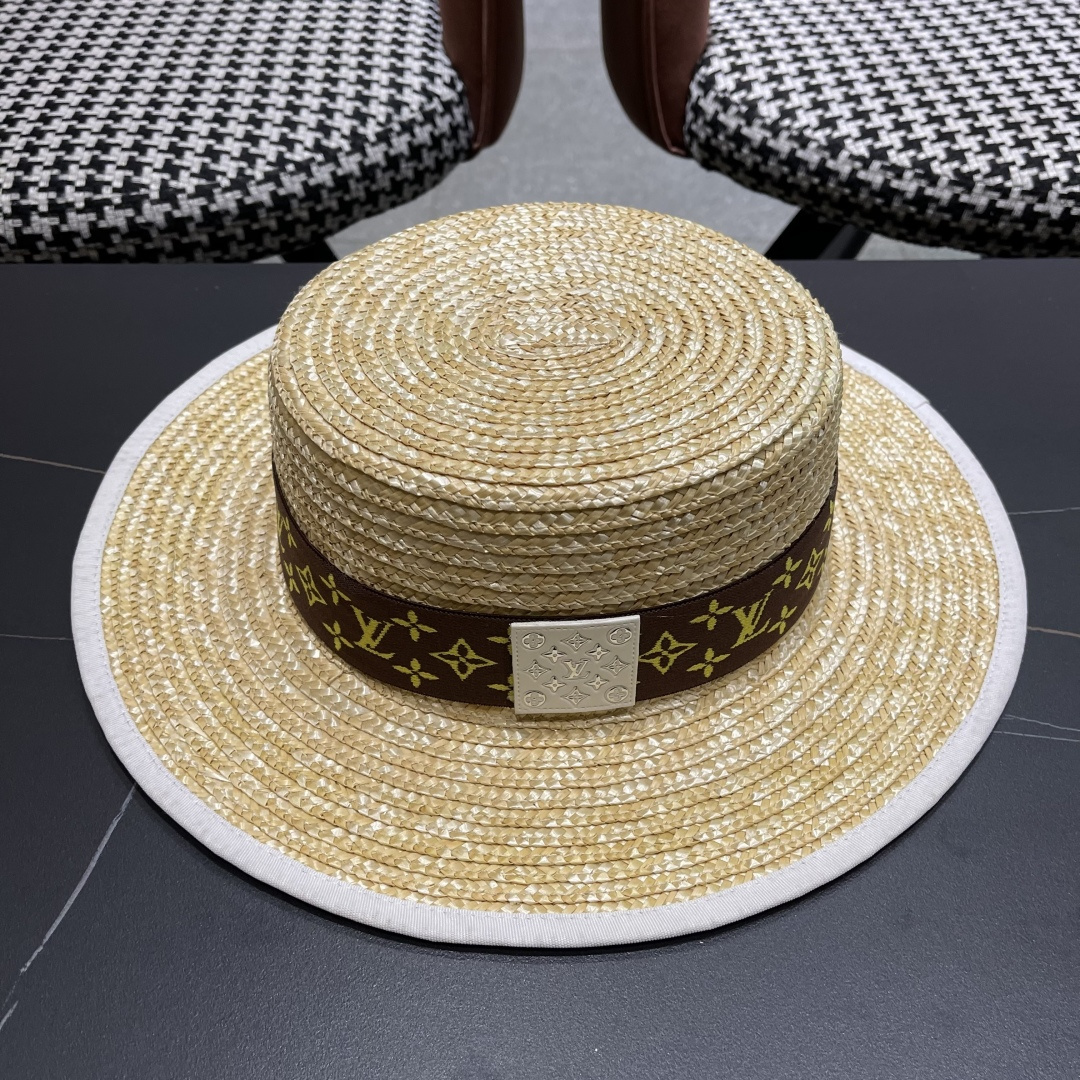  Lv路易威登平顶礼帽春夏包边系带复古简约宽帽檐欧美休闲度
假遮阳麦秆女草帽