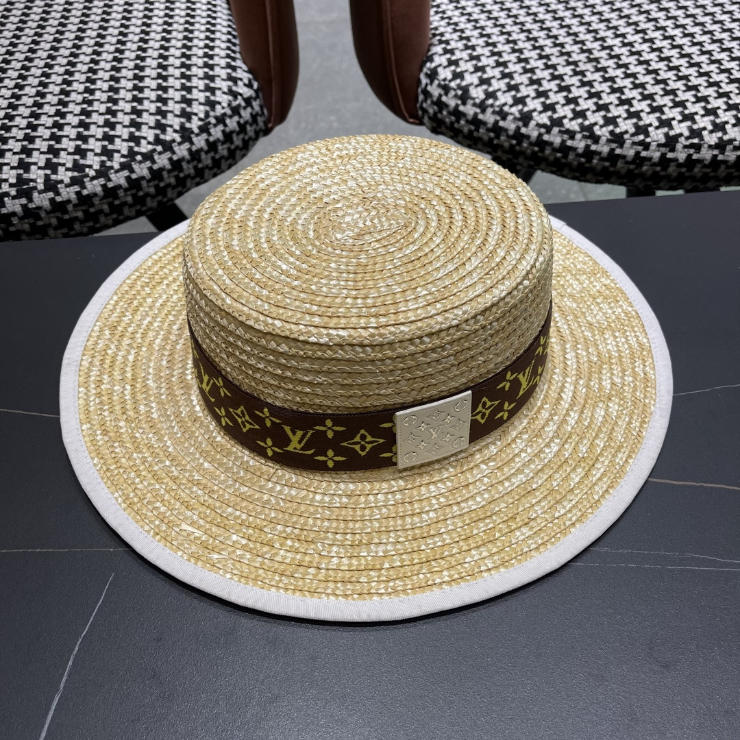  Lv路易威登平顶礼帽春夏包边系带复古简约宽帽檐欧美休闲度
假遮阳麦秆女草帽