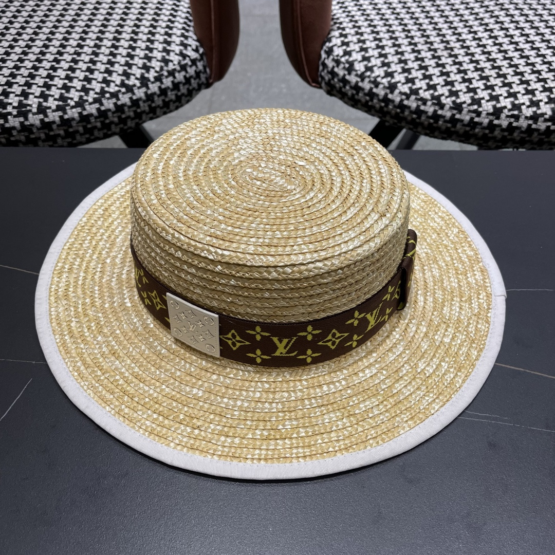  Lv路易威登平顶礼帽春夏包边系带复古简约宽帽檐欧美休闲度
假遮阳麦秆女草帽