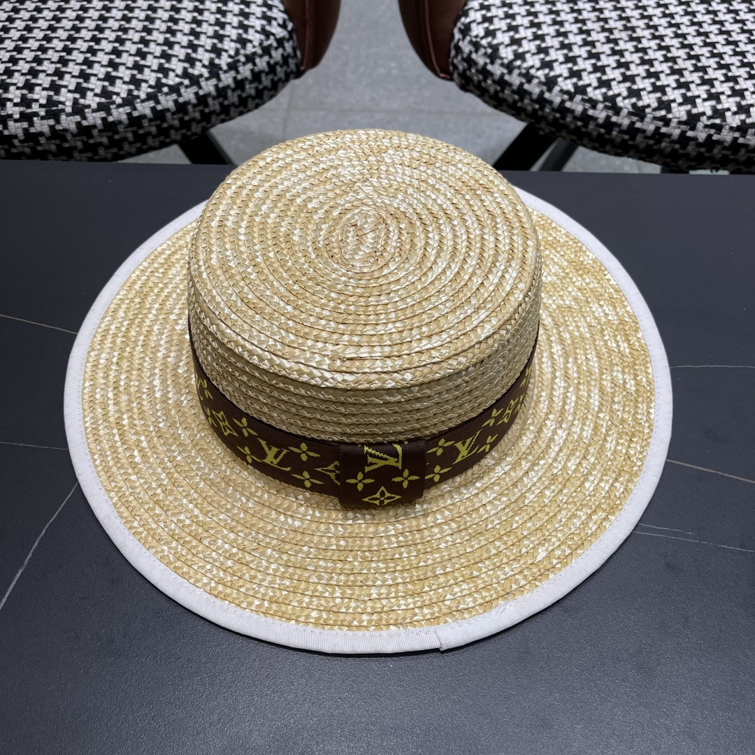  Lv路易威登平顶礼帽春夏包边系带复古简约宽帽檐欧美休闲度
假遮阳麦秆女草帽