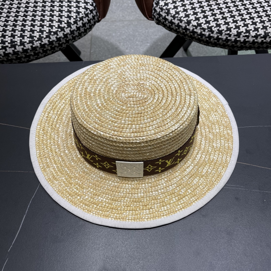  Lv路易威登平顶礼帽春夏包边系带复古简约宽帽檐欧美休闲度
假遮阳麦秆女草帽