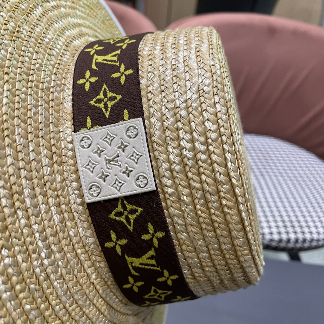  Lv路易威登平顶礼帽春夏包边系带复古简约宽帽檐欧美休闲度
假遮阳麦秆女草帽