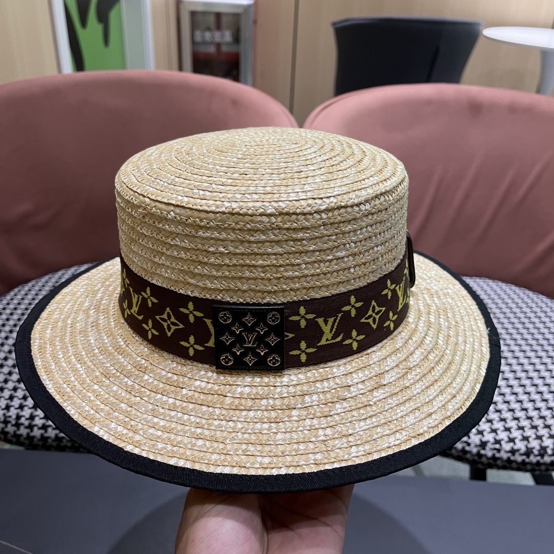  Lv路易威登平顶礼帽春夏包边系带复古简约宽帽檐欧美休闲度
假遮阳麦秆女草帽