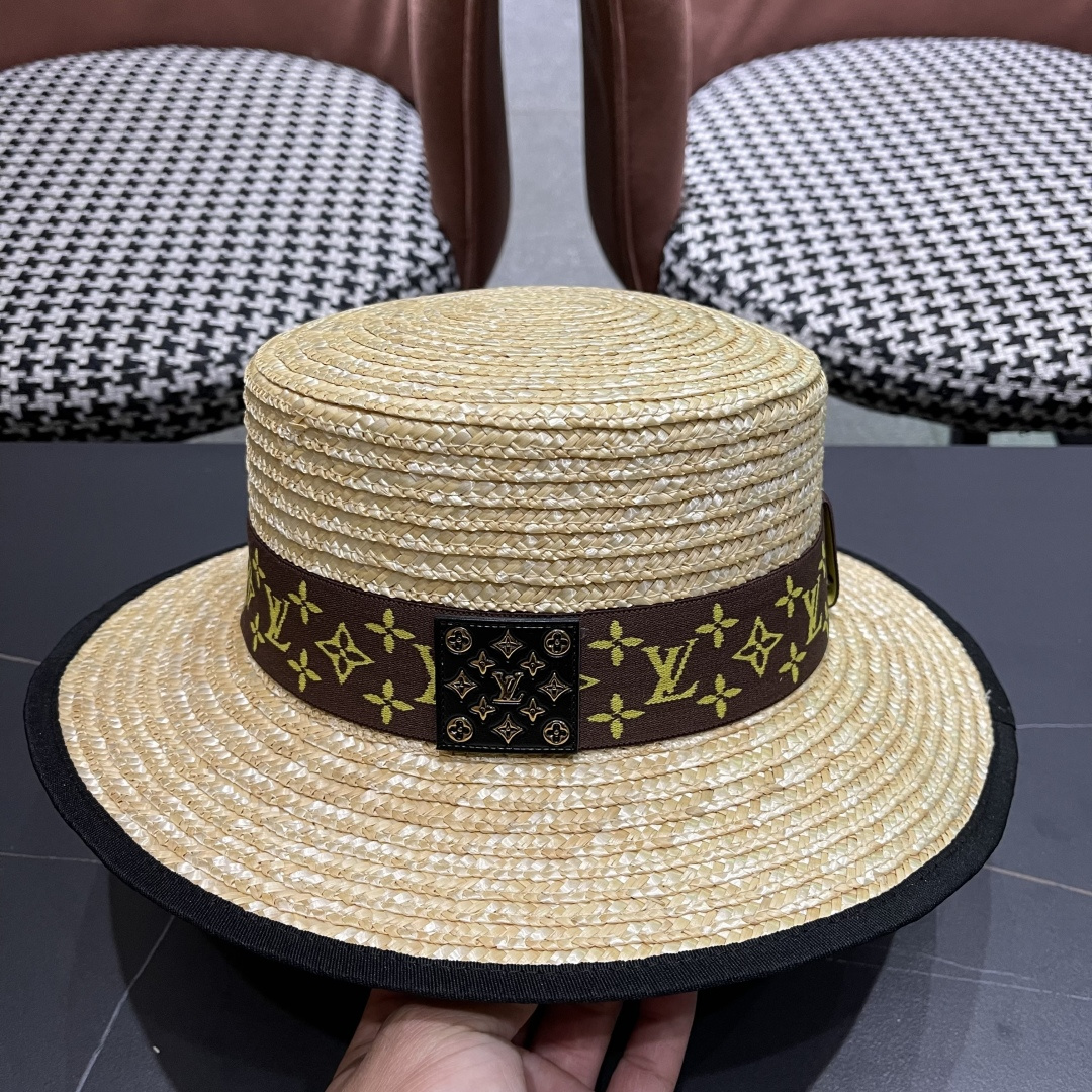  Lv路易威登平顶礼帽春夏包边系带复古简约宽帽檐欧美休闲度
假遮阳麦秆女草帽