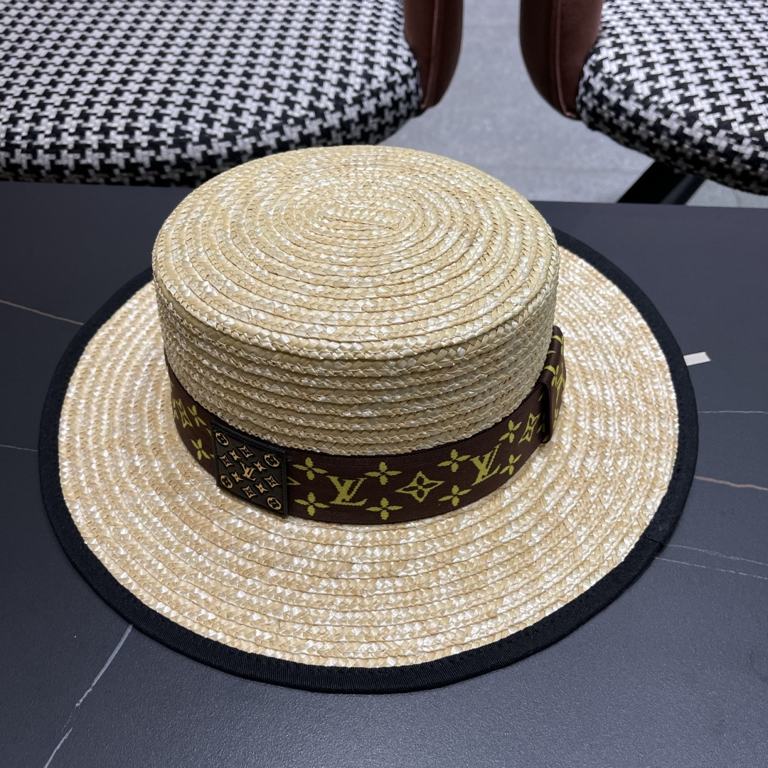 Lv路易威登平顶礼帽春夏包边系带复古简约宽帽檐欧美休闲度
假遮阳麦秆女草帽