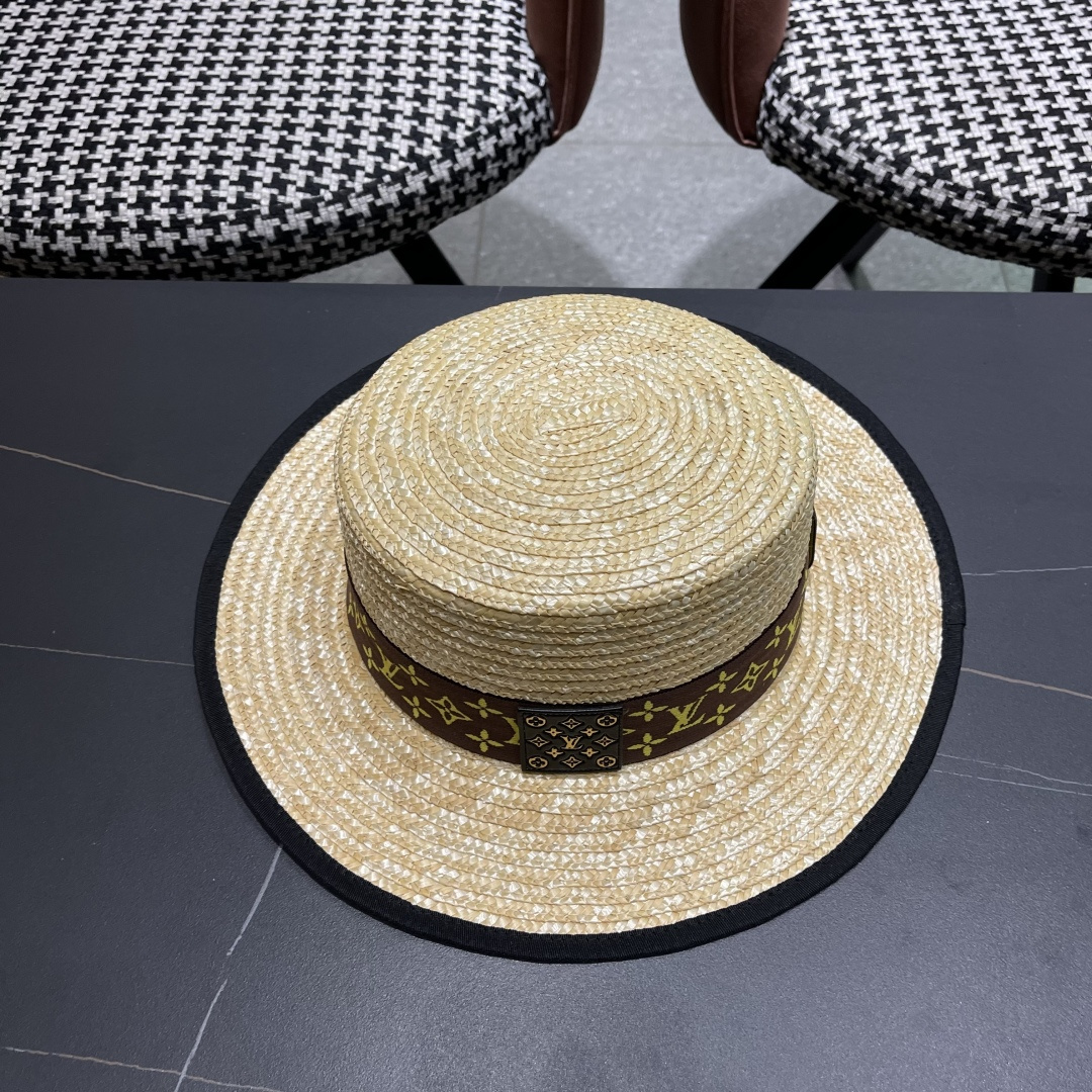 Lv路易威登平顶礼帽春夏包边系带复古简约宽帽檐欧美休闲度
假遮阳麦秆女草帽