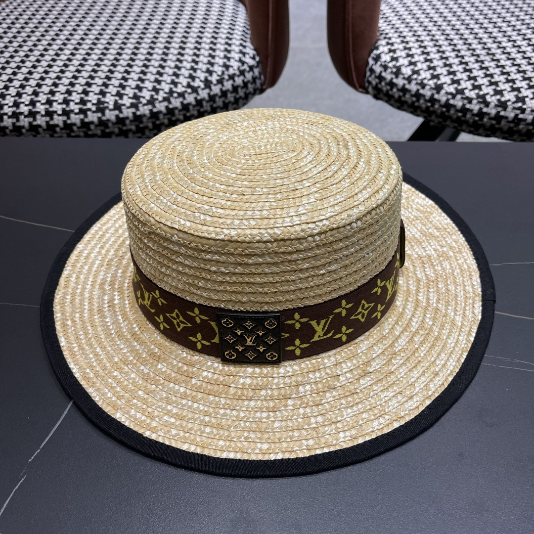  Lv路易威登平顶礼帽春夏包边系带复古简约宽帽檐欧美休闲度
假遮阳麦秆女草帽