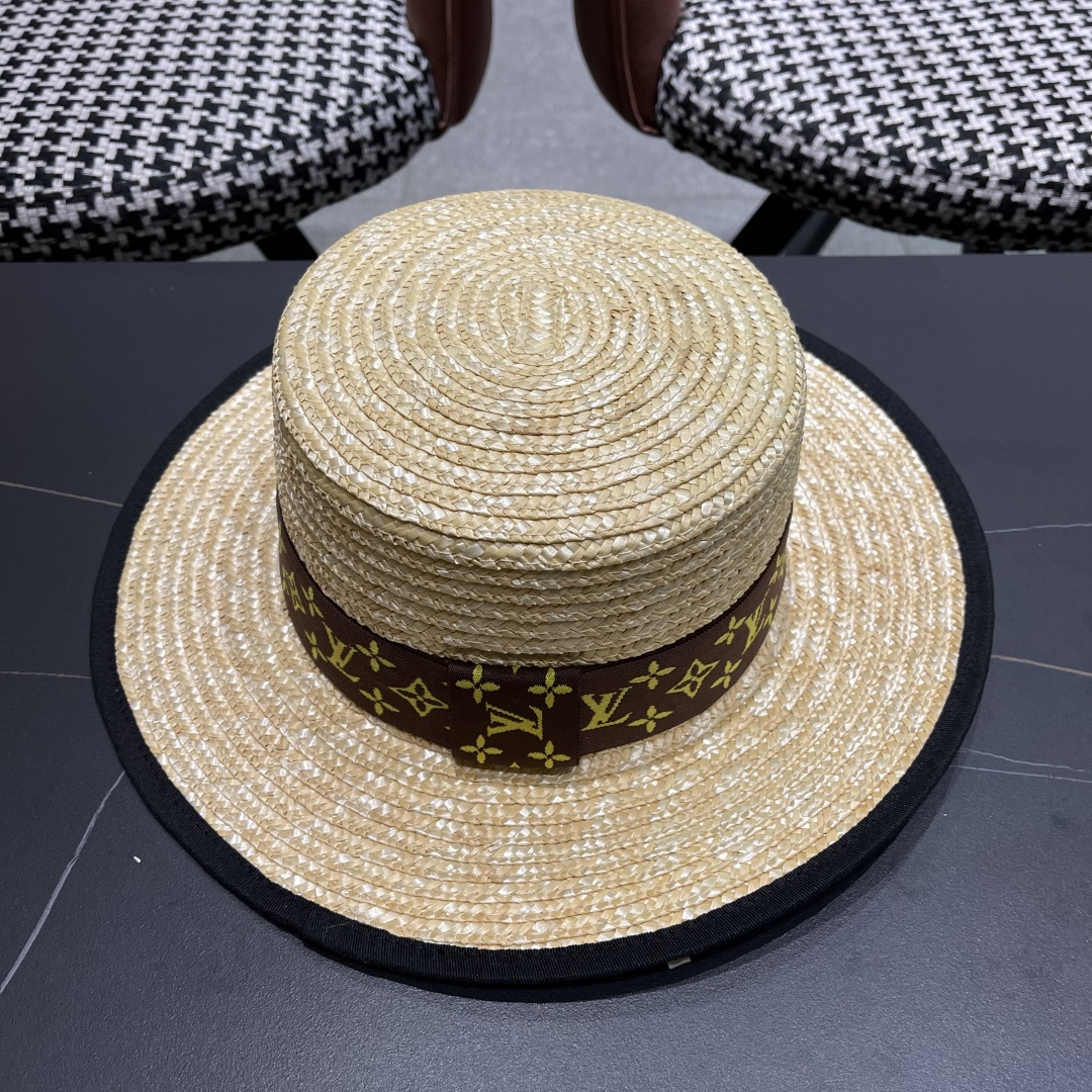  Lv路易威登平顶礼帽春夏包边系带复古简约宽帽檐欧美休闲度
假遮阳麦秆女草帽