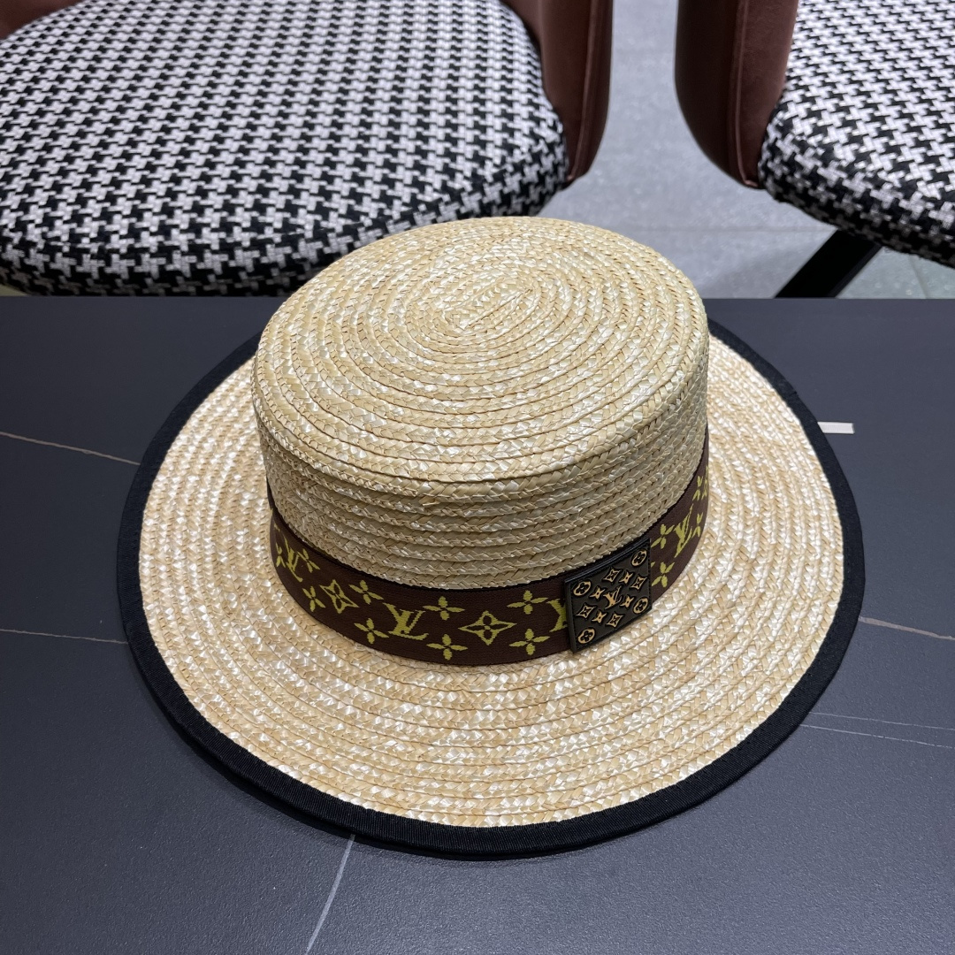  Lv路易威登平顶礼帽春夏包边系带复古简约宽帽檐欧美休闲度
假遮阳麦秆女草帽