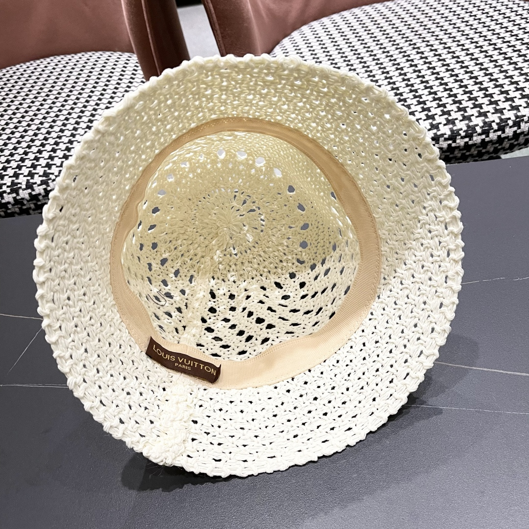 lv路易威登2025新款韩版遮阳渔夫帽女夏季纯色太阳帽镂
空针织甜美品脸小盆帽
