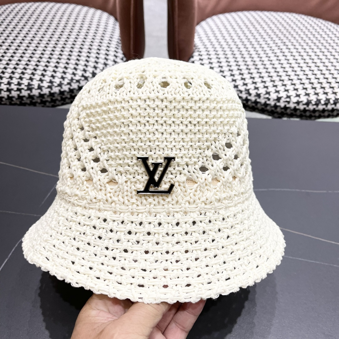  lv路易威登2025新款韩版遮阳渔夫帽女夏季纯色太阳帽镂
空针织甜美品脸小盆帽