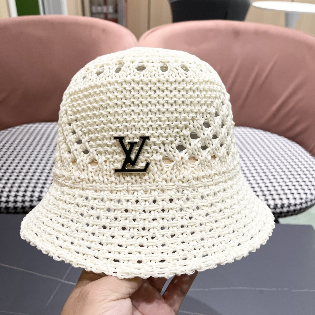  lv路易威登2025新款韩版遮阳渔夫帽女夏季纯色太阳帽镂
空针织甜美品脸小盆帽