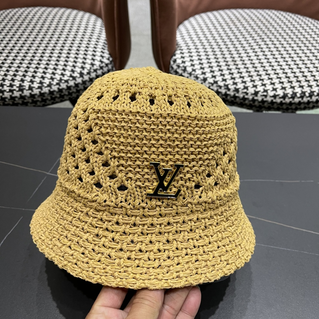  lv路易威登2025新款韩版遮阳渔夫帽女夏季纯色太阳帽镂
空针织甜美品脸小盆帽