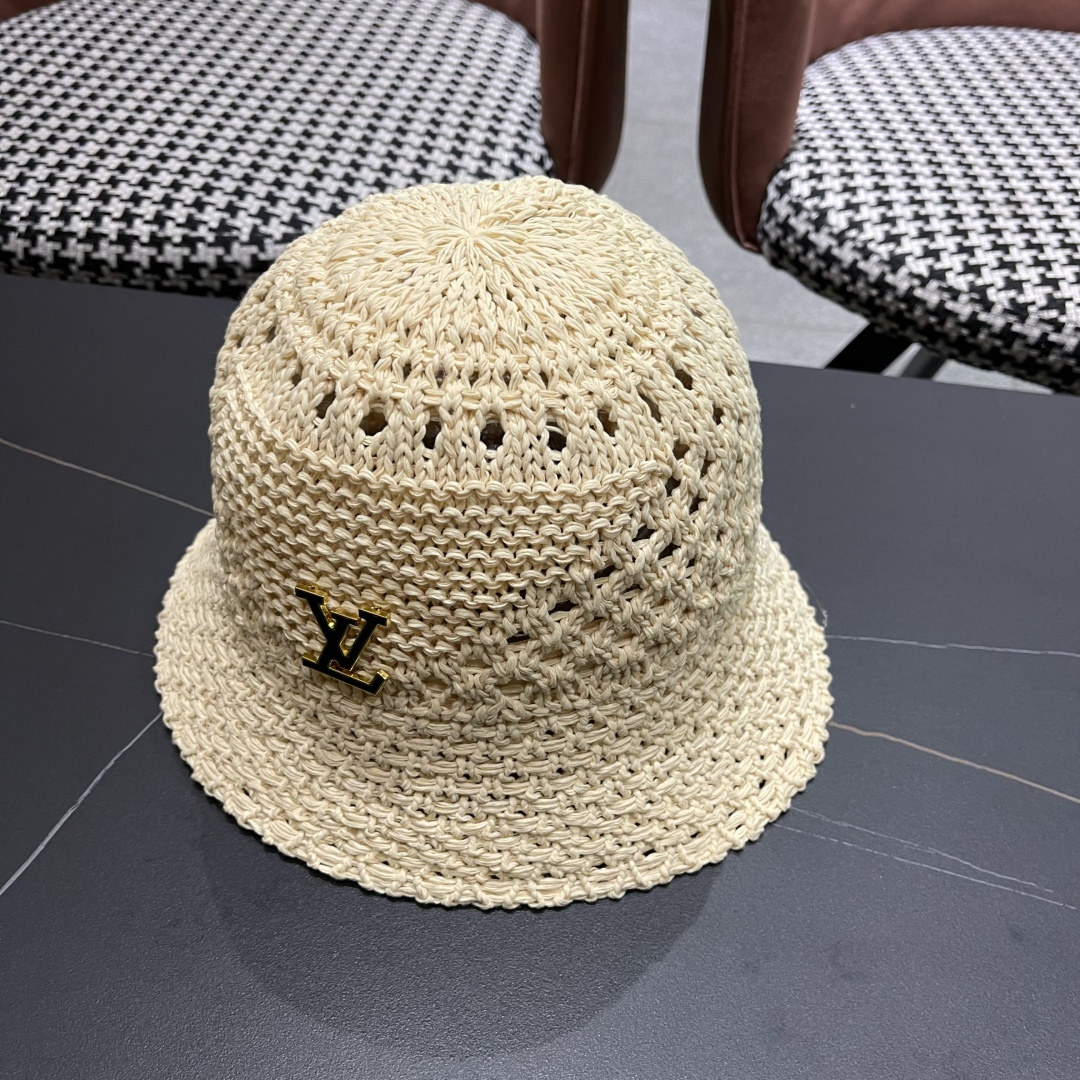  lv路易威登2025新款韩版遮阳渔夫帽女夏季纯色太阳帽镂
空针织甜美品脸小盆帽