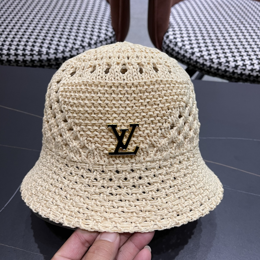  lv路易威登2025新款韩版遮阳渔夫帽女夏季纯色太阳帽镂
空针织甜美品脸小盆帽