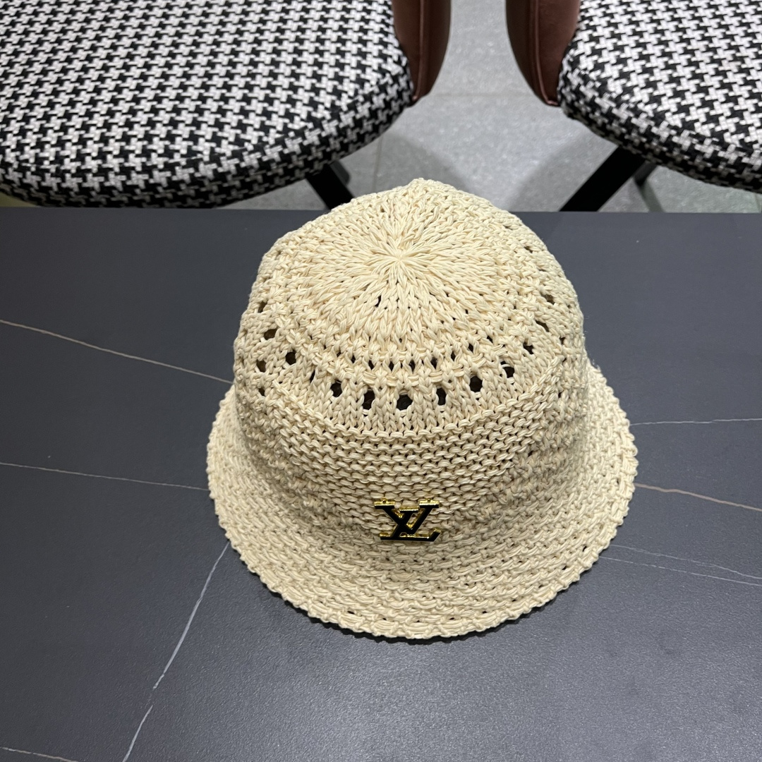  lv路易威登2025新款韩版遮阳渔夫帽女夏季纯色太阳帽镂
空针织甜美品脸小盆帽