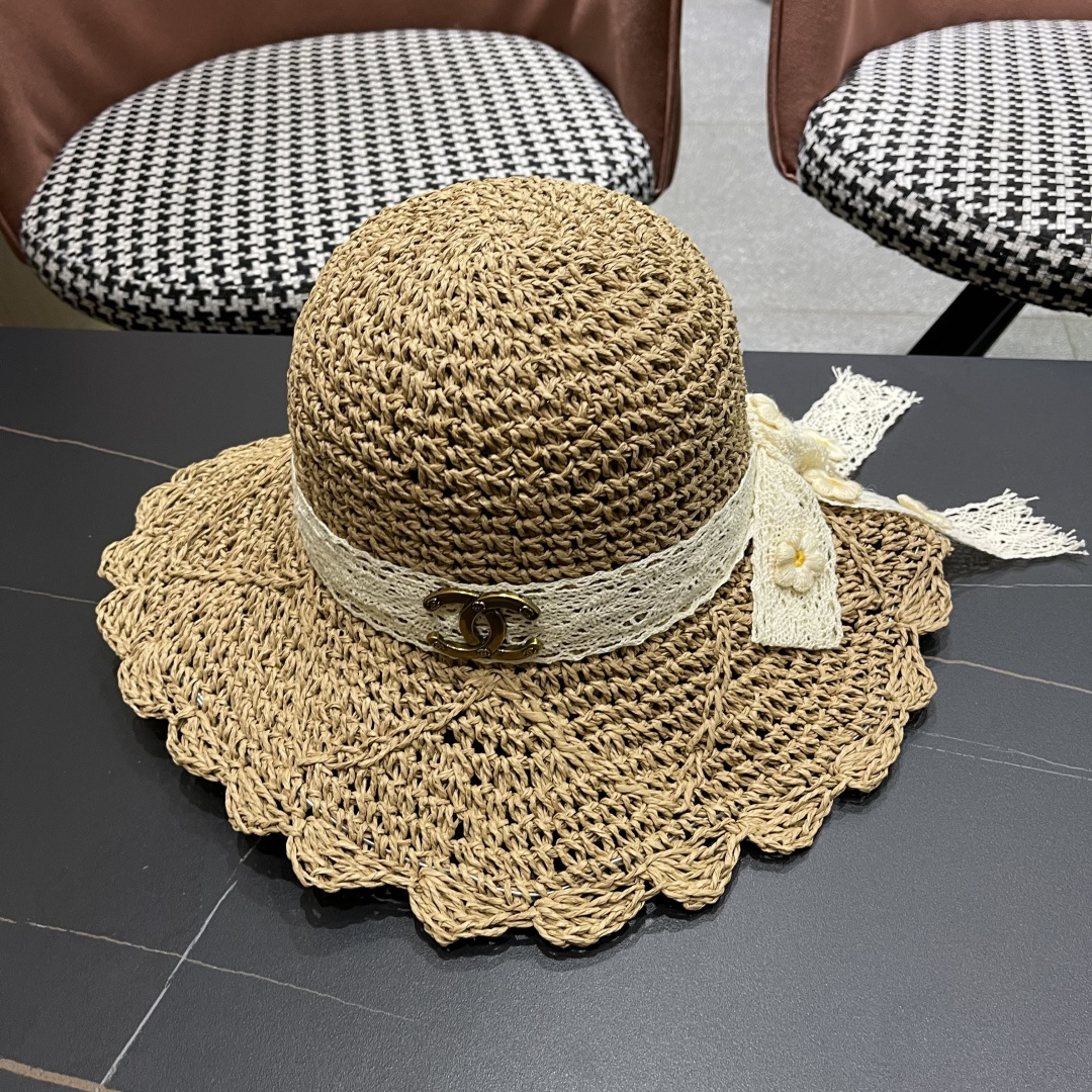  Chanel香奈儿帽子女草帽韩版潮百搭日系夏季薄款透气蕾丝花
边镂空小清新防风绳