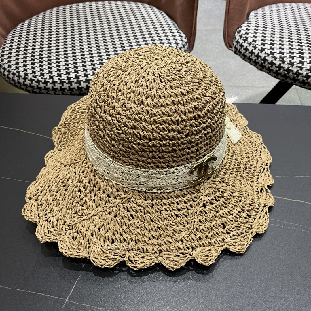  Chanel香奈儿帽子女草帽韩版潮百搭日系夏季薄款透气蕾丝花
边镂空小清新防风绳