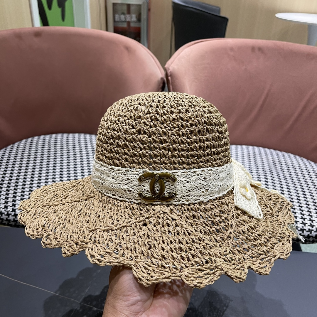  Chanel香奈儿帽子女草帽韩版潮百搭日系夏季薄款透气蕾丝花
边镂空小清新防风绳