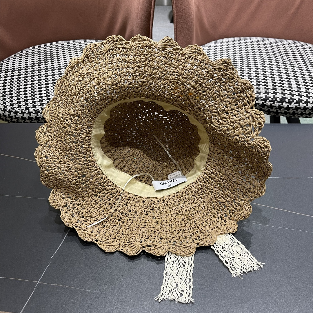  Chanel香奈儿帽子女草帽韩版潮百搭日系夏季薄款透气蕾丝花
边镂空小清新防风绳