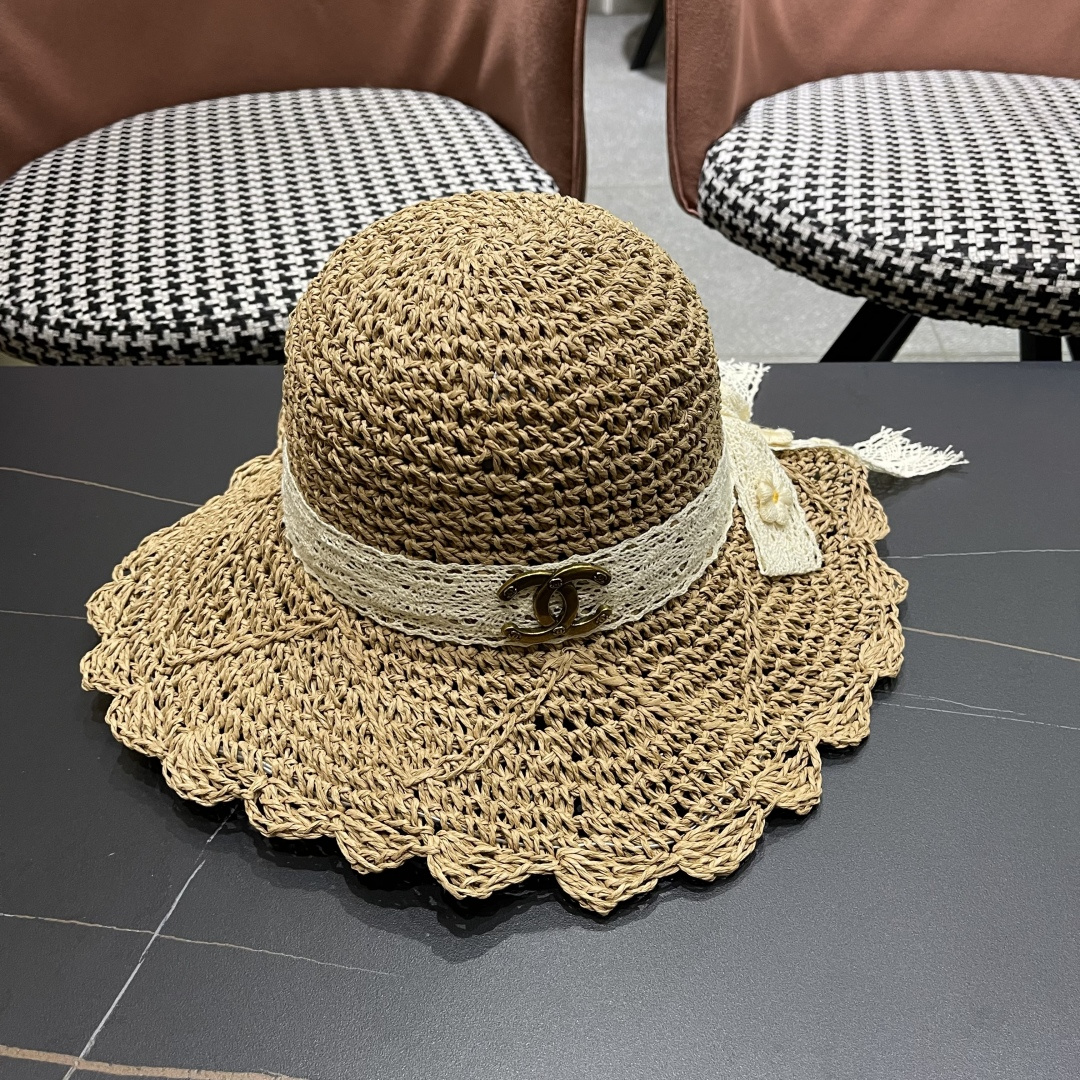  Chanel香奈儿帽子女草帽韩版潮百搭日系夏季薄款透气蕾丝花
边镂空小清新防风绳