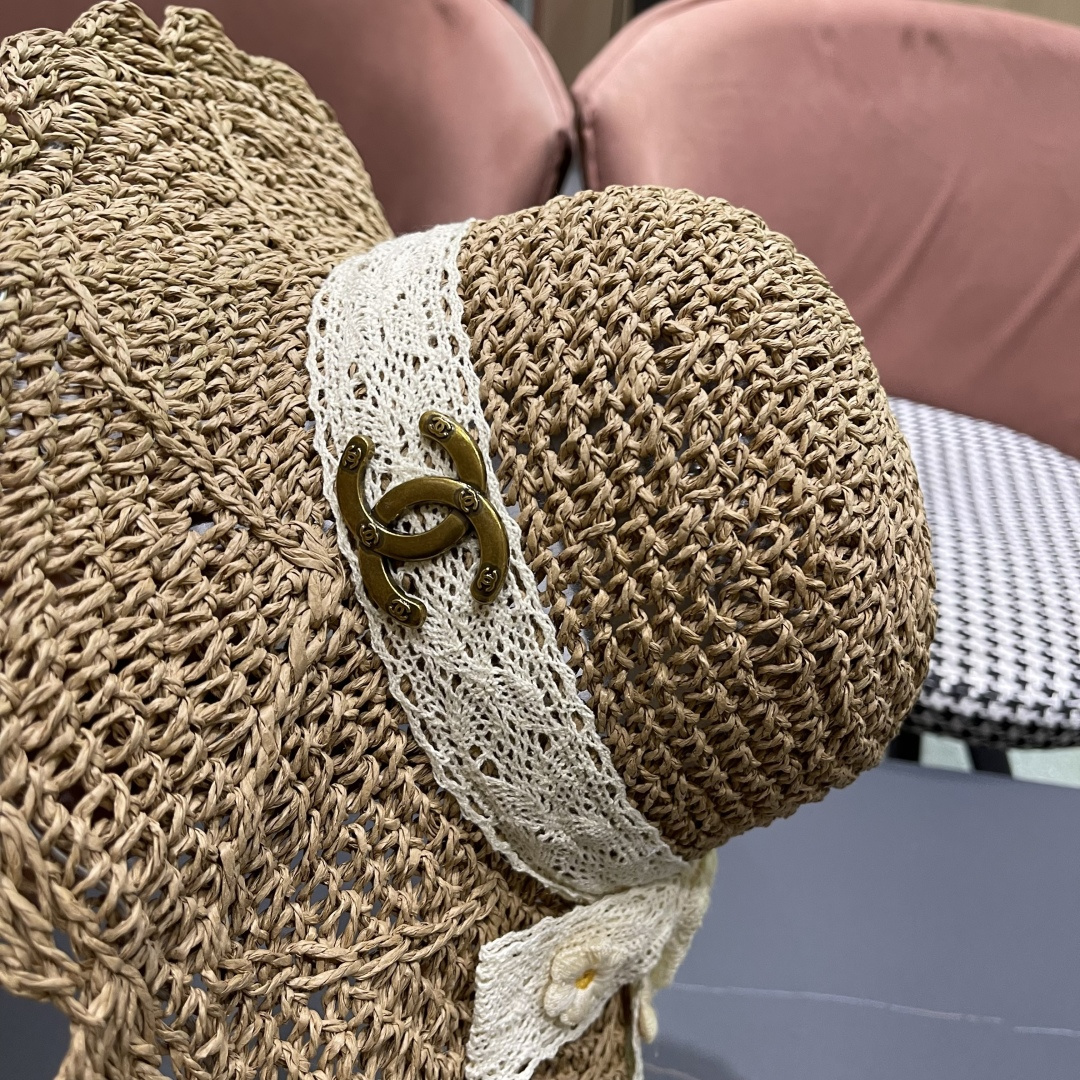  Chanel香奈儿帽子女草帽韩版潮百搭日系夏季薄款透气蕾丝花
边镂空小清新防风绳