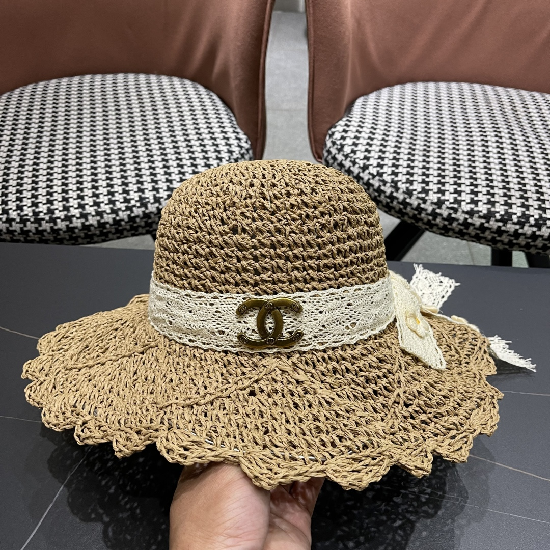  Chanel香奈儿帽子女草帽韩版潮百搭日系夏季薄款透气蕾丝花
边镂空小清新防风绳