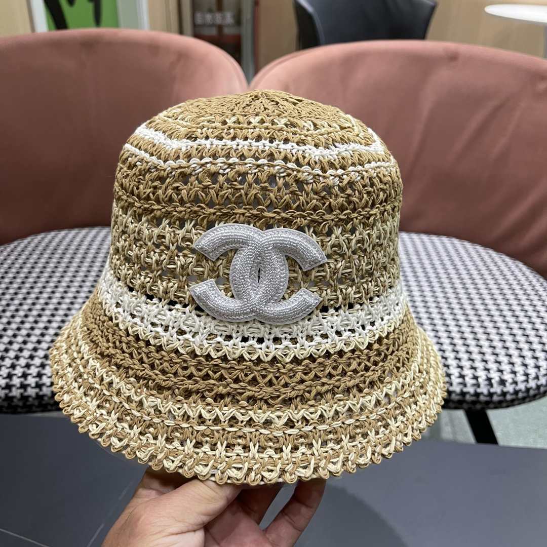  celine香奈儿2025新款日系镂空条纹显脸小针织帽子女春夏季薄款透气遮
阳防晒百搭渔夫帽