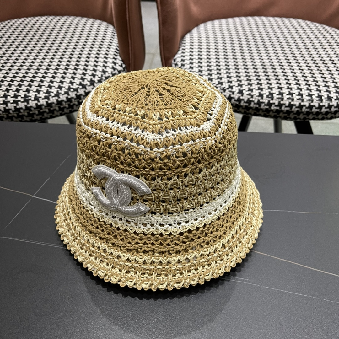  celine香奈儿2025新款日系镂空条纹显脸小针织帽子女春夏季薄款透气遮
阳防晒百搭渔夫帽