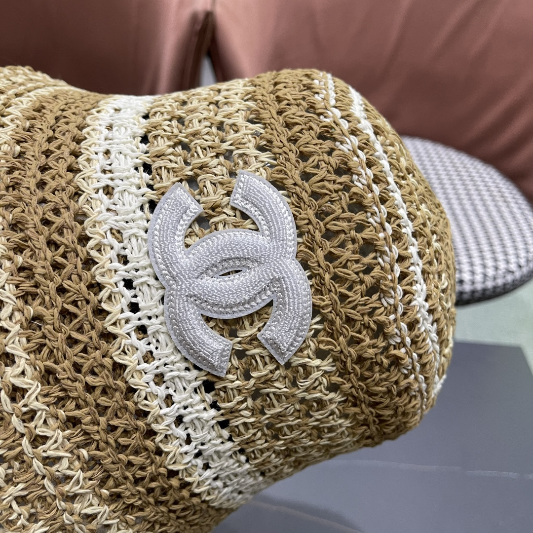  celine香奈儿2025新款日系镂空条纹显脸小针织帽子女春夏季薄款透气遮
阳防晒百搭渔夫帽