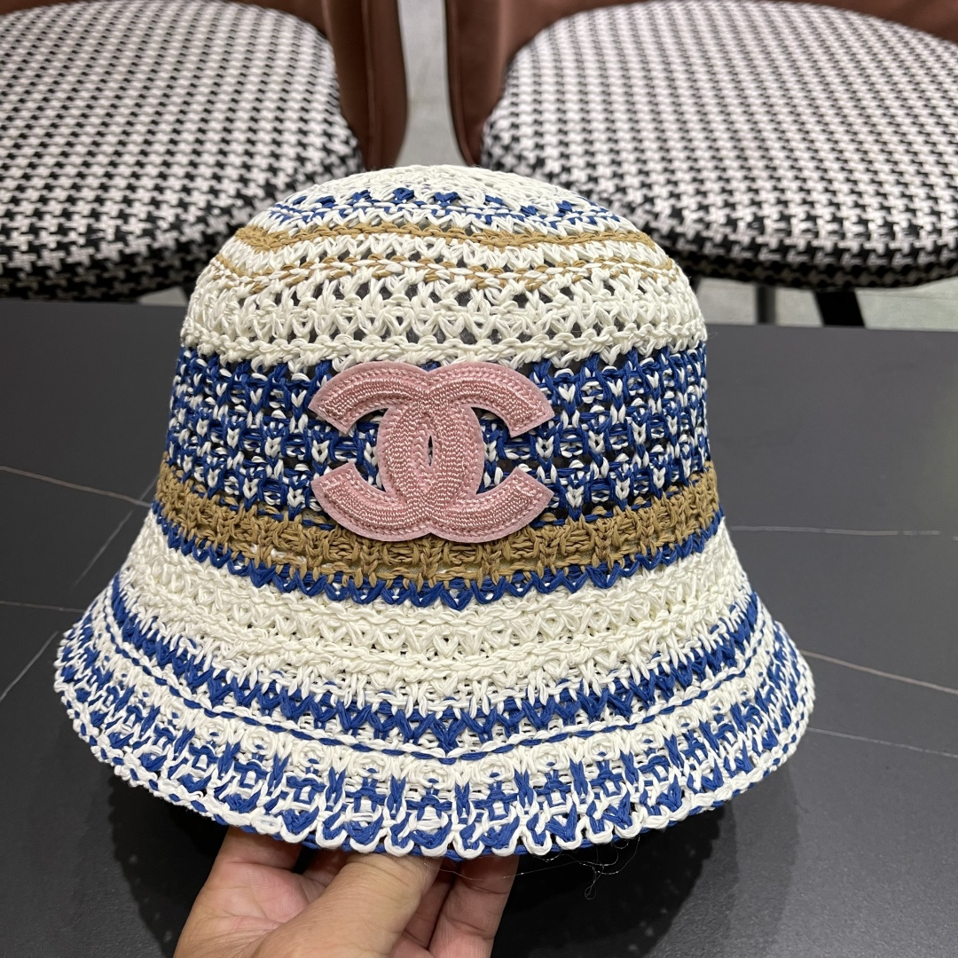  celine香奈儿2025新款日系镂空条纹显脸小针织帽子女春夏季薄款透气遮
阳防晒百搭渔夫帽