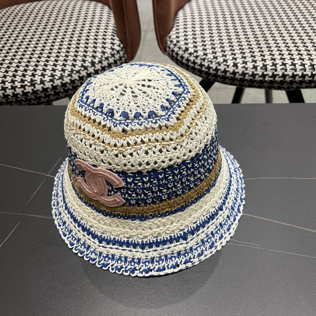  celine香奈儿2025新款日系镂空条纹显脸小针织帽子女春夏季薄款透气遮
阳防晒百搭渔夫帽