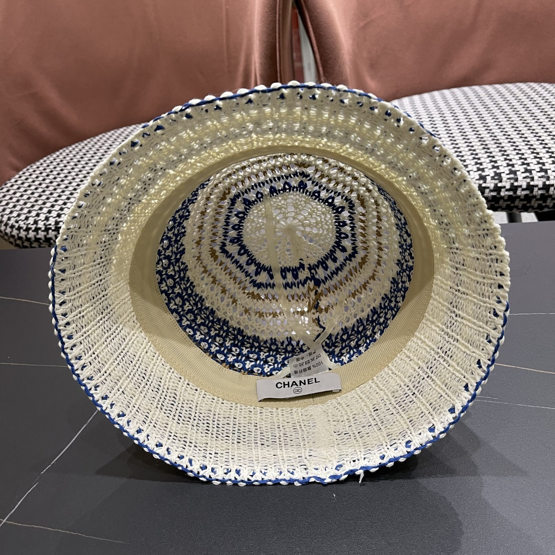  celine香奈儿2025新款日系镂空条纹显脸小针织帽子女春夏季薄款透气遮
阳防晒百搭渔夫帽