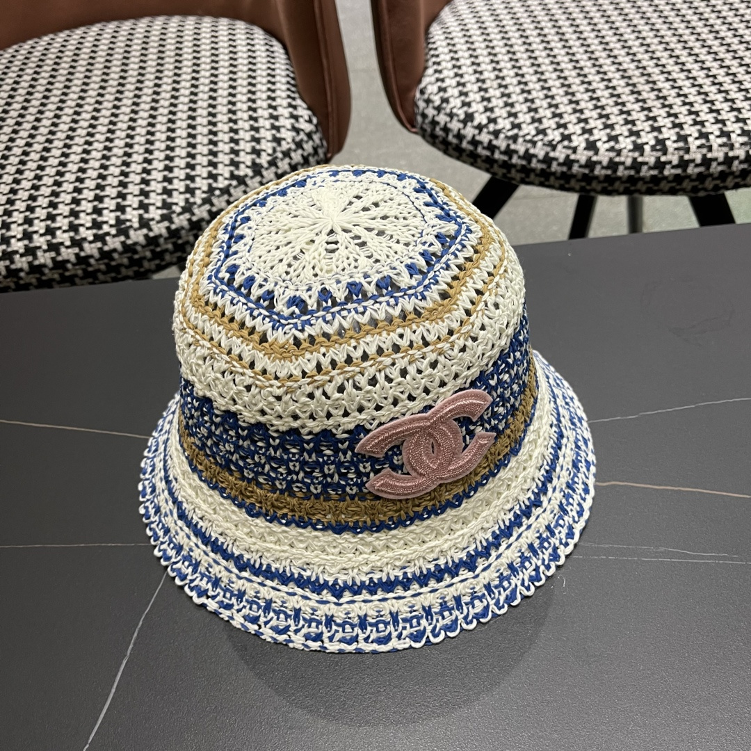  celine香奈儿2025新款日系镂空条纹显脸小针织帽子女春夏季薄款透气遮
阳防晒百搭渔夫帽
