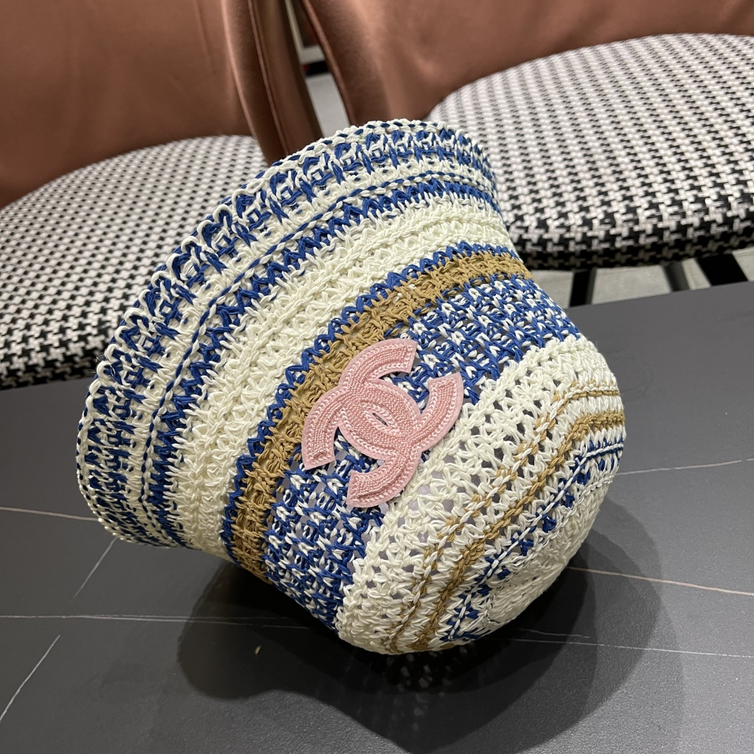  celine香奈儿2025新款日系镂空条纹显脸小针织帽子女春夏季薄款透气遮
阳防晒百搭渔夫帽