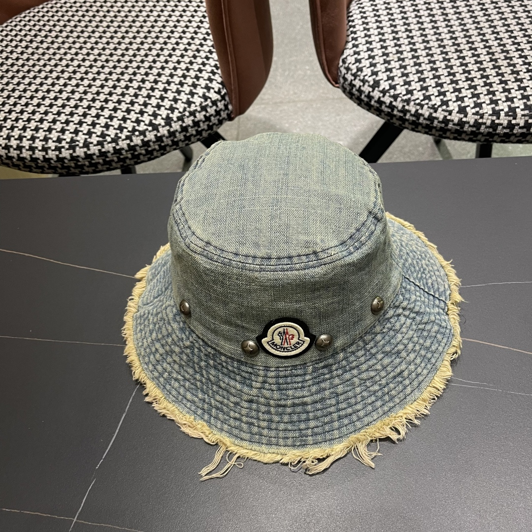 蒙口Moncler 韩版街头小众磨边做旧牛仔铆钉渔夫帽女大帽檐
遮阳显脸小盆帽男女