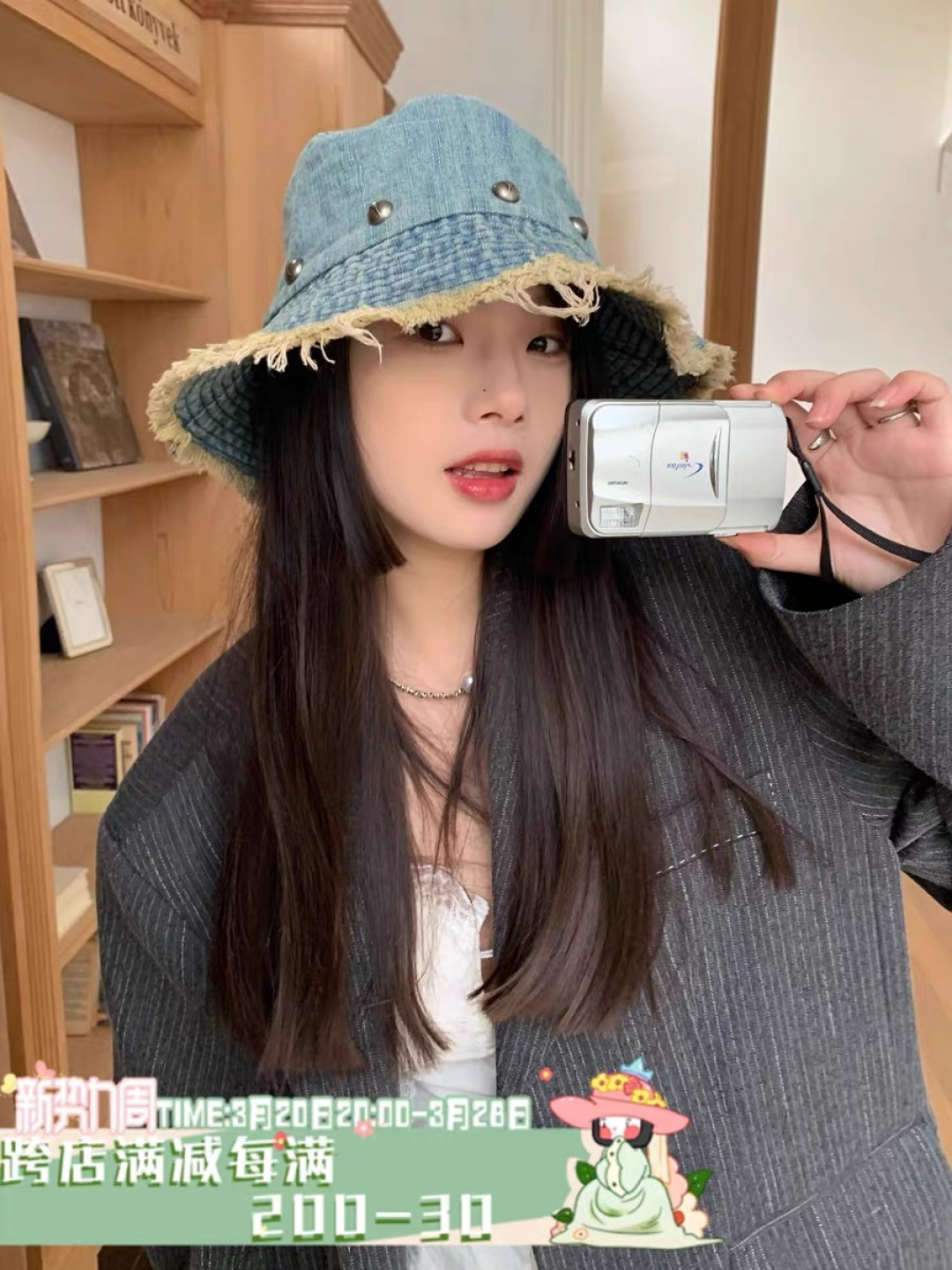  蒙口Moncler 韩版街头小众磨边做旧牛仔铆钉渔夫帽女大帽檐
遮阳显脸小盆帽男女