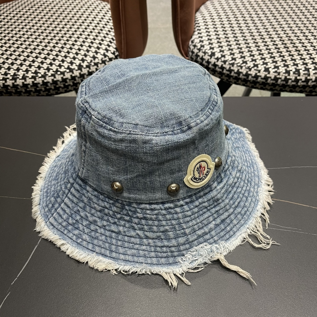  蒙口Moncler 韩版街头小众磨边做旧牛仔铆钉渔夫帽女大帽檐
遮阳显脸小盆帽男女