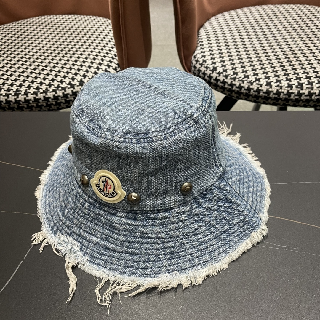  蒙口Moncler 韩版街头小众磨边做旧牛仔铆钉渔夫帽女大帽檐
遮阳显脸小盆帽男女
