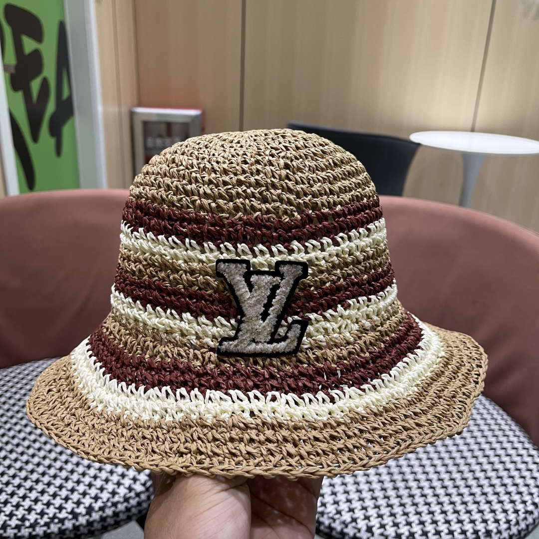  Lv路易威登日系条纹草编手工草帽女夏百搭休闲可折叠显脸小
水桶帽度假遮阳帽