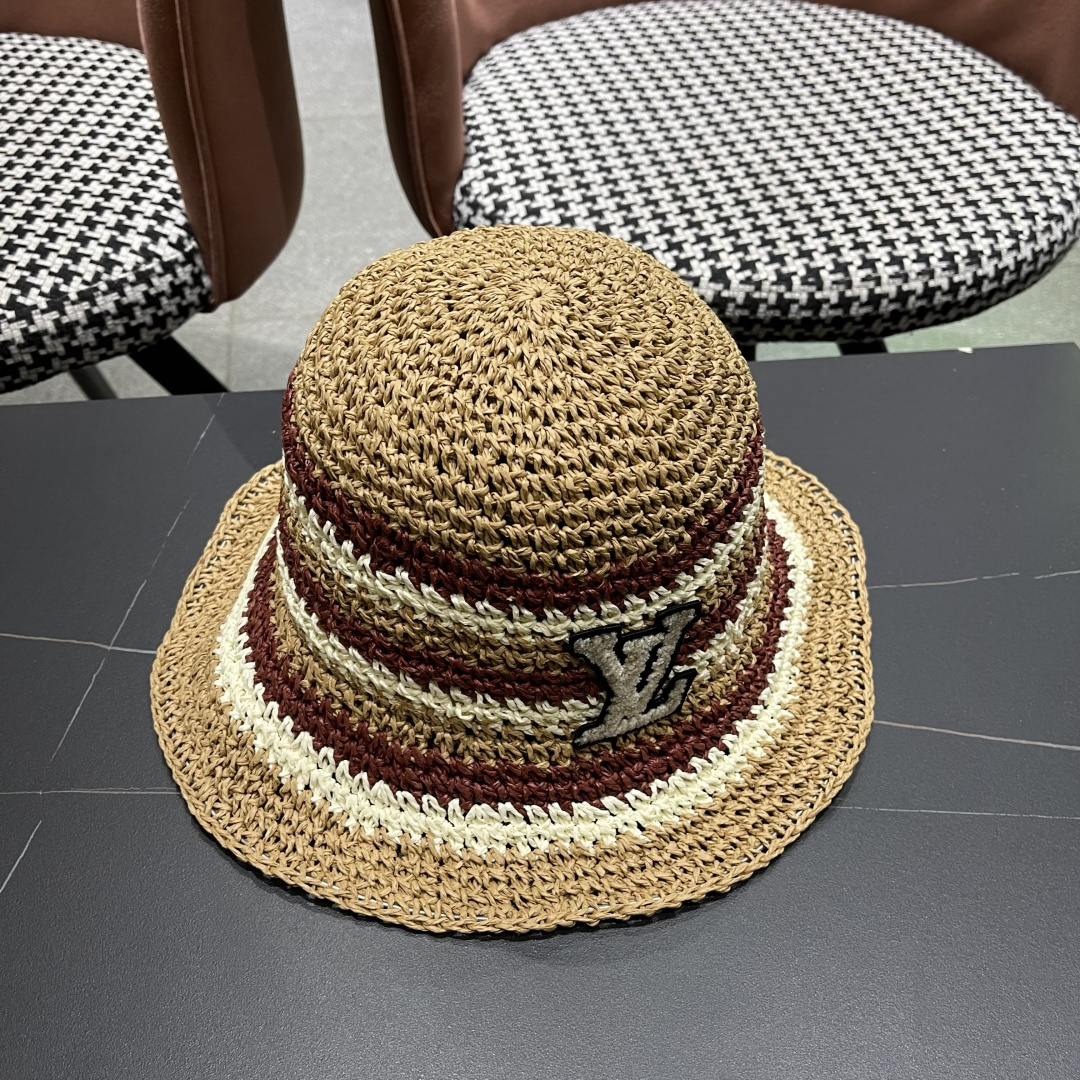  Lv路易威登日系条纹草编手工草帽女夏百搭休闲可折叠显脸小
水桶帽度假遮阳帽
