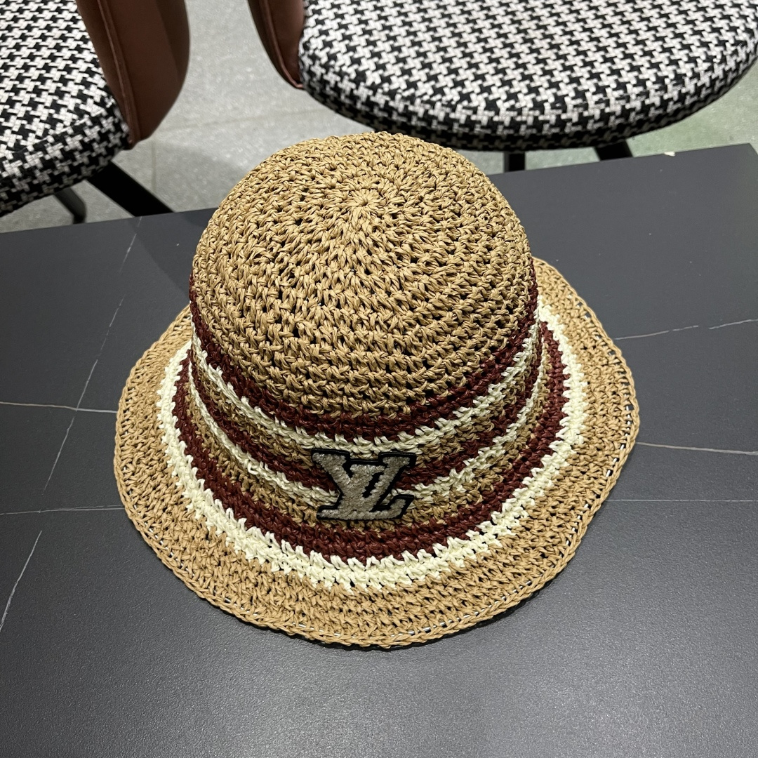  Lv路易威登日系条纹草编手工草帽女夏百搭休闲可折叠显脸小
水桶帽度假遮阳帽