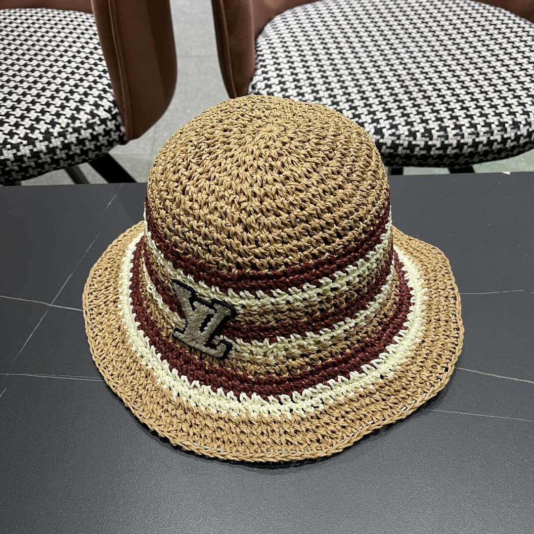  Lv路易威登日系条纹草编手工草帽女夏百搭休闲可折叠显脸小
水桶帽度假遮阳帽