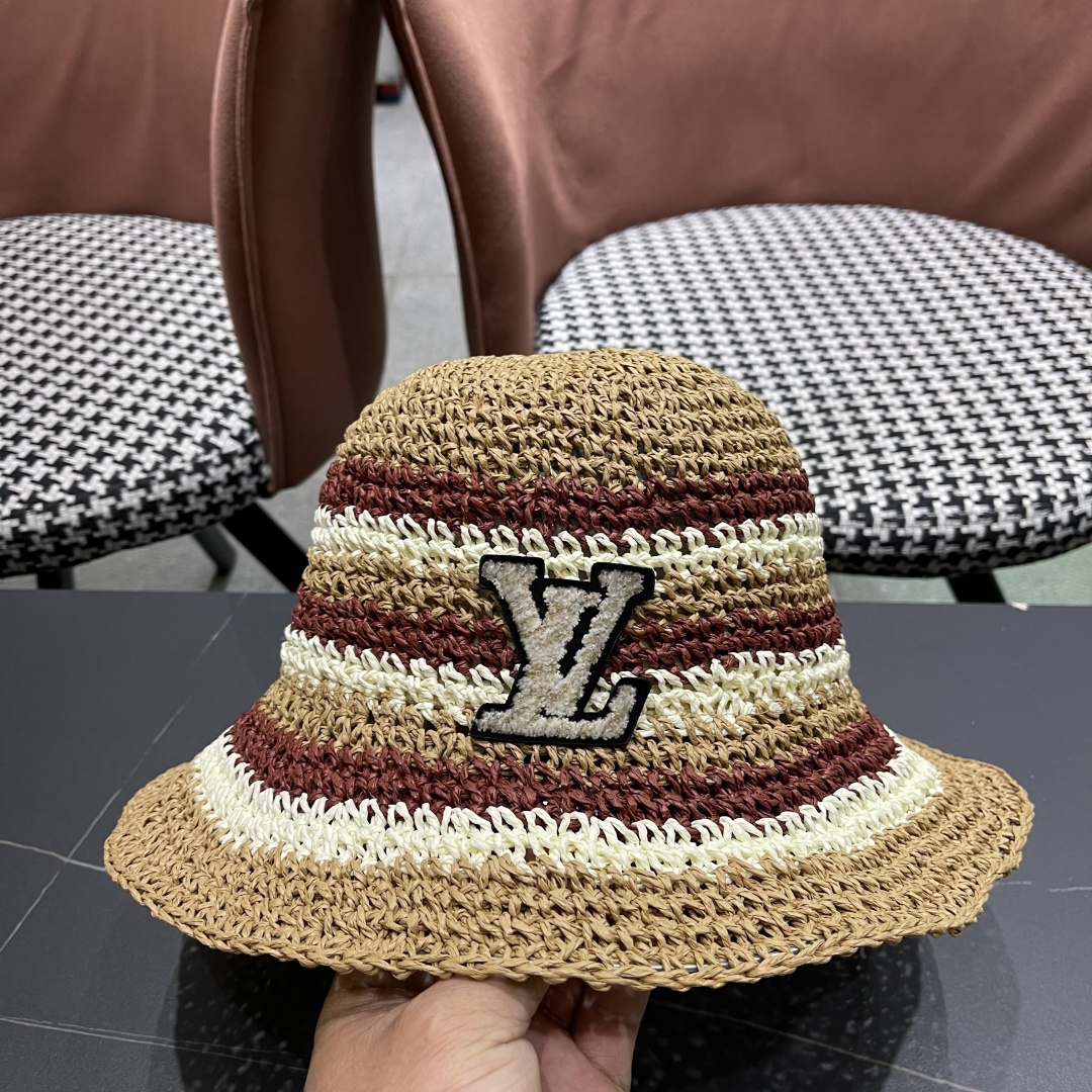  Lv路易威登日系条纹草编手工草帽女夏百搭休闲可折叠显脸小
水桶帽度假遮阳帽