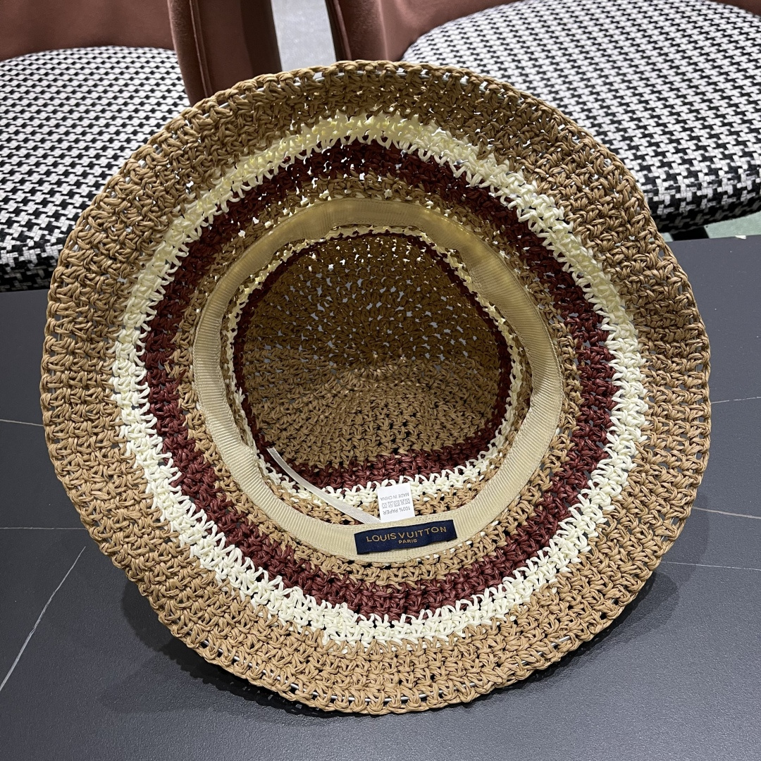  Lv路易威登日系条纹草编手工草帽女夏百搭休闲可折叠显脸小
水桶帽度假遮阳帽